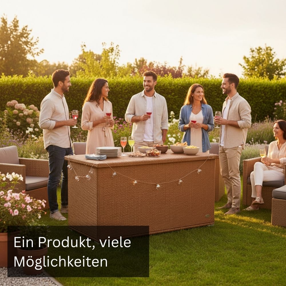 Naturfarbene Garten-Auflagenbox aus Polyrattan als Aufbewahrungsbox und Terrassentisch mit stabiler Deckeloberfläche für Garten, Terrasse und Balkon.