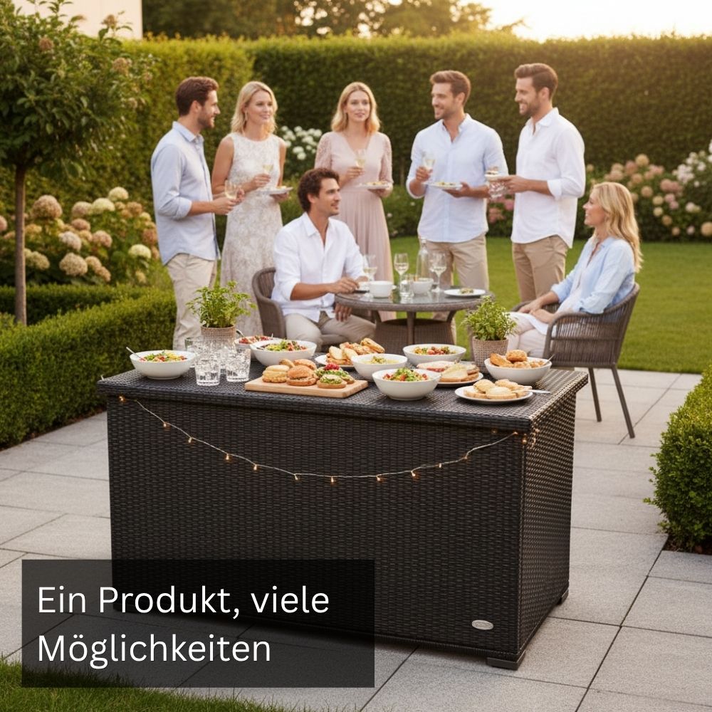 Schwarze Polyrattan Gartenbox als wetterfeste Aufbewahrungsbox und stabiler Beistelltisch für Garten, Terrasse und Balkon.