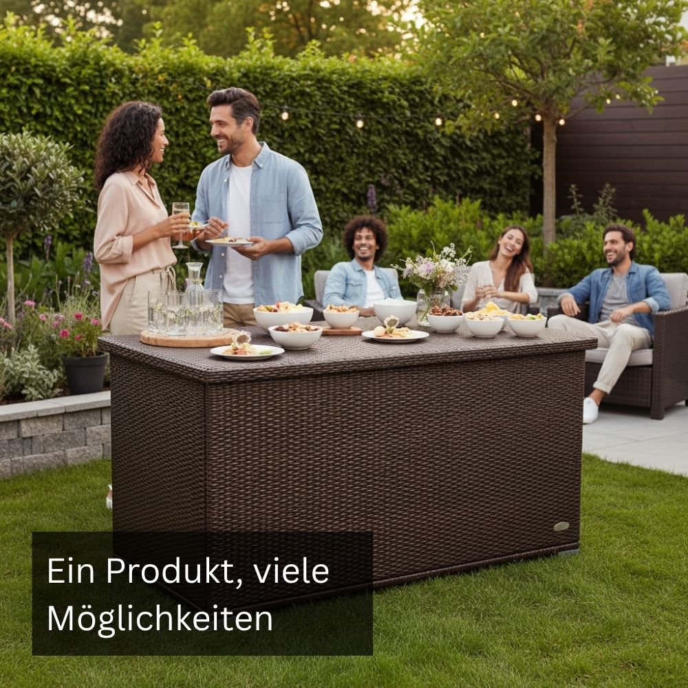 Braune Gartenbox aus Polyrattan als wetterfeste Aufbewahrungsbox und stabiler Beistelltisch für Garten, Terrasse und Balkon.