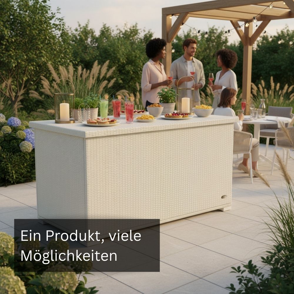 Weiße Garten-Auflagenbox aus Polyrattan als Aufbewahrungsbox und Terrassentisch mit geschlossener Deckeloberfläche für Garten und Balkon.