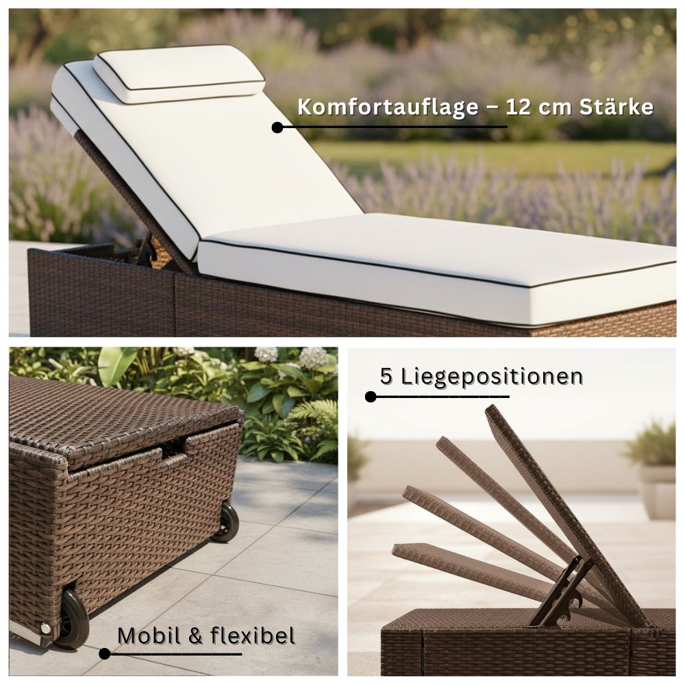 Braune Polyrattan-Gartenliege mit weißer Auflage, verstellbarer Rückenlehne und Rollen.