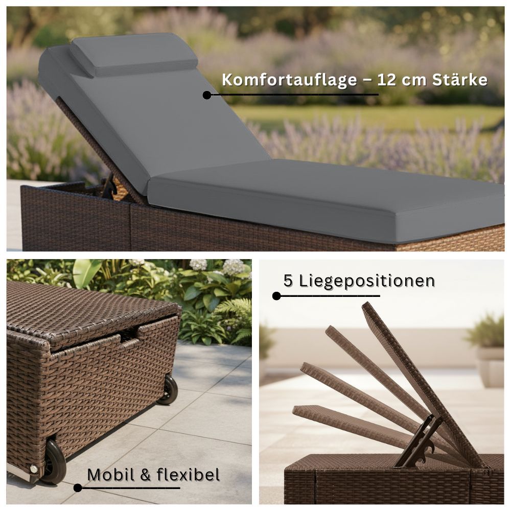 Braune Polyrattan-Gartenliege mit 12 cm Auflage, verstellbarer Rückenlehne und Rollen.