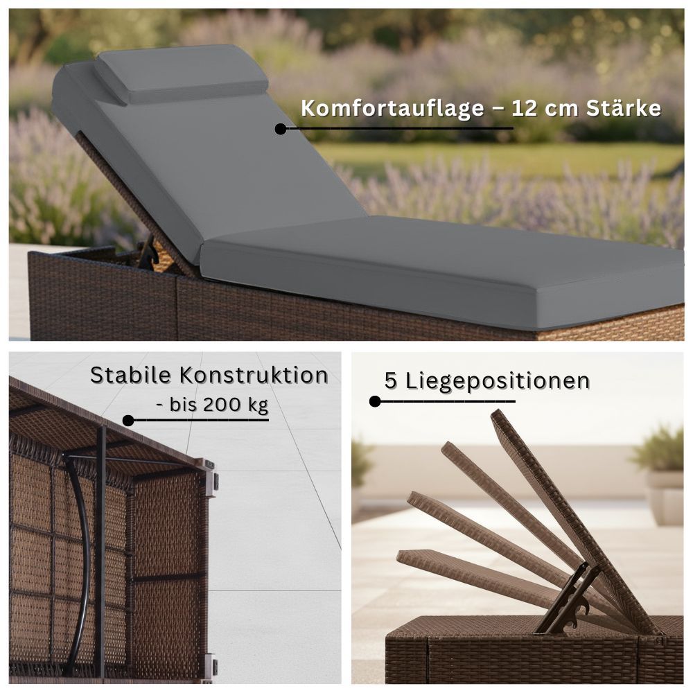 Braune Polyrattan Sonnenliege mit grauer Auflage, stabile Konstruktion bis 200 kg und 5 Liegepositionen
