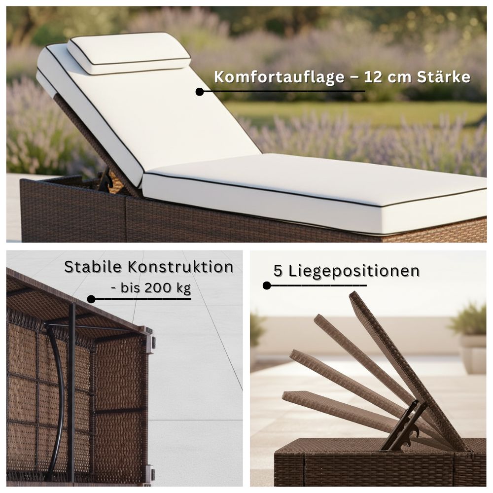 Braune Polyrattan Sonnenliege mit 5 verstellbaren Liegepositionen und stabiler Konstruktion