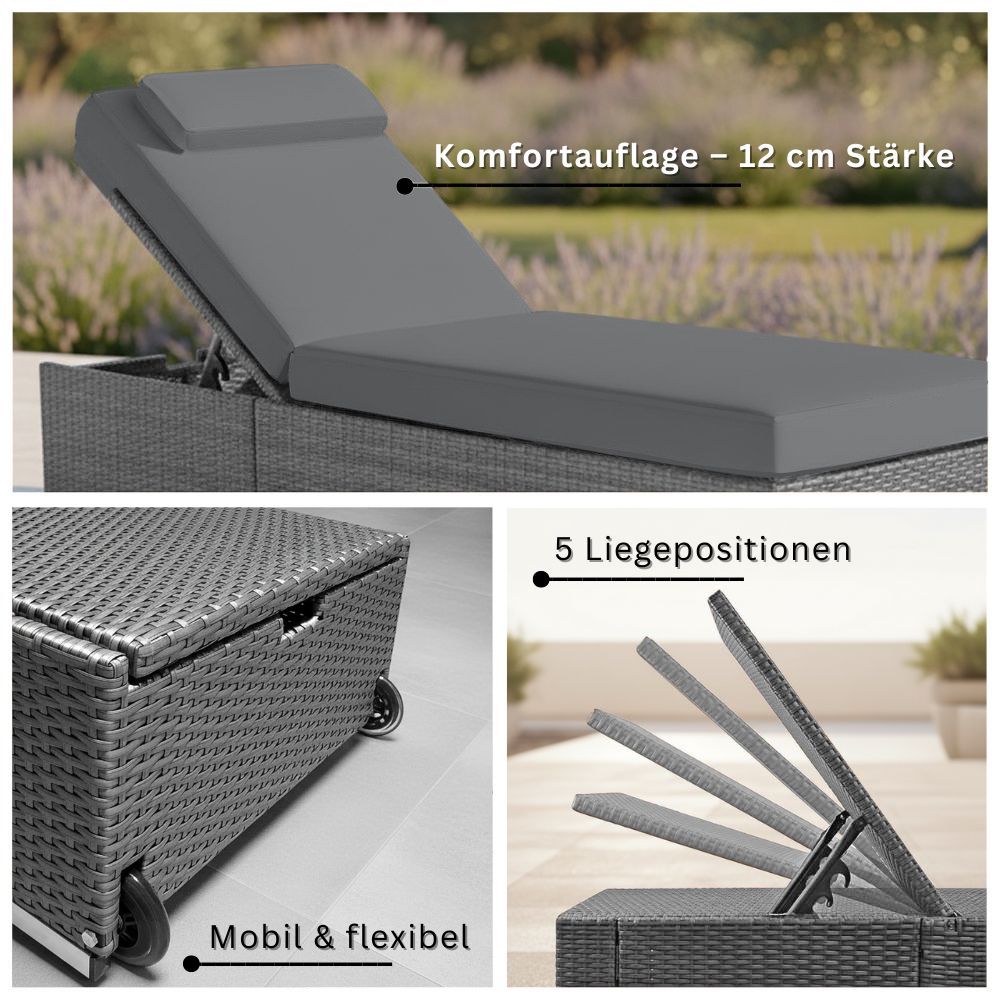 Graue Polyrattan-Gartenliege mit 12 cm Auflage, verstellbarer Rückenlehne und Rollen.