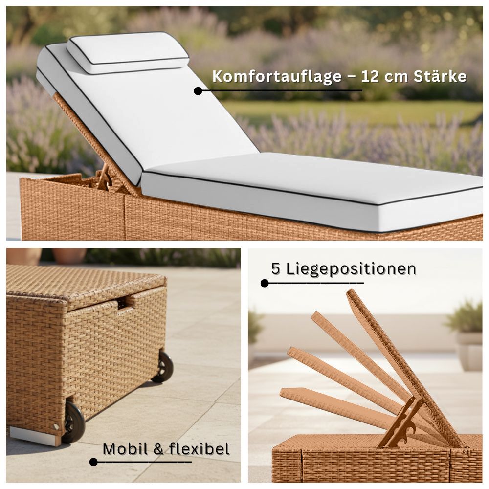 Naturfarbene Polyrattan-Gartenliege mit weißer Auflage, verstellbarer Rückenlehne und Rollen.