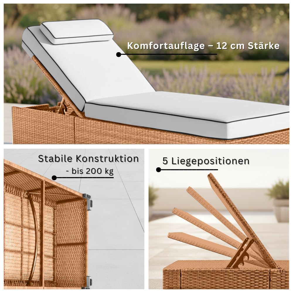 Polyrattan Sonnenliege natur mit 5 verstellbaren Liegepositionen und stabiler Konstruktion