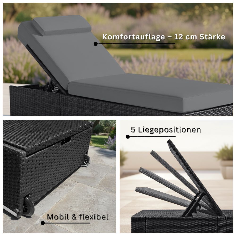 Schwarze Polyrattan-Gartenliege mit 12 cm Auflage, verstellbarer Rückenlehne und Rollen.