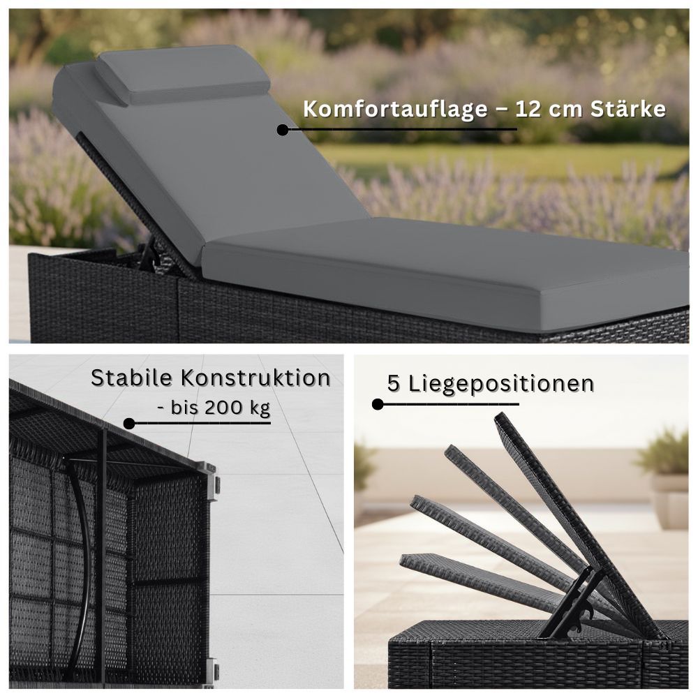 Schwarze Polyrattan Sonnenliege mit grauer Auflage, stabile Konstruktion bis 200 kg und 5 Liegepositionen