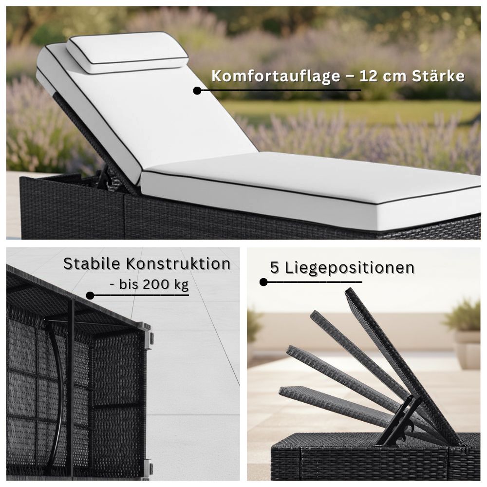 Schwarze Polyrattan Sonnenliege mit 5 verstellbaren Liegepositionen und stabiler Konstruktion