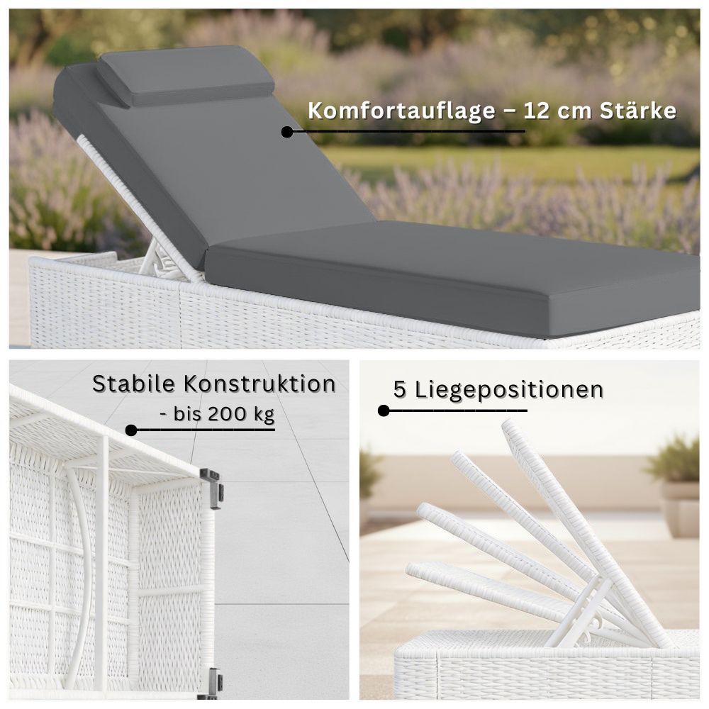 Weiße Polyrattan Sonnenliege mit 5 verstellbaren Liegepositionen und stabiler Bauweise für Gartenmöbel