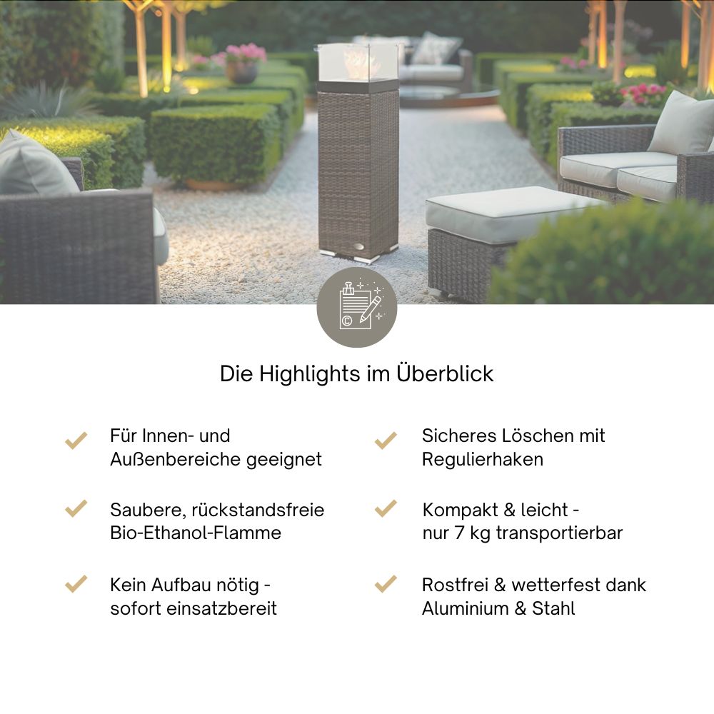 Übersichtsgrafik mit Vorteilen der Feuersäule: für innen/außen, rostfrei, sofort nutzbar. Braun.