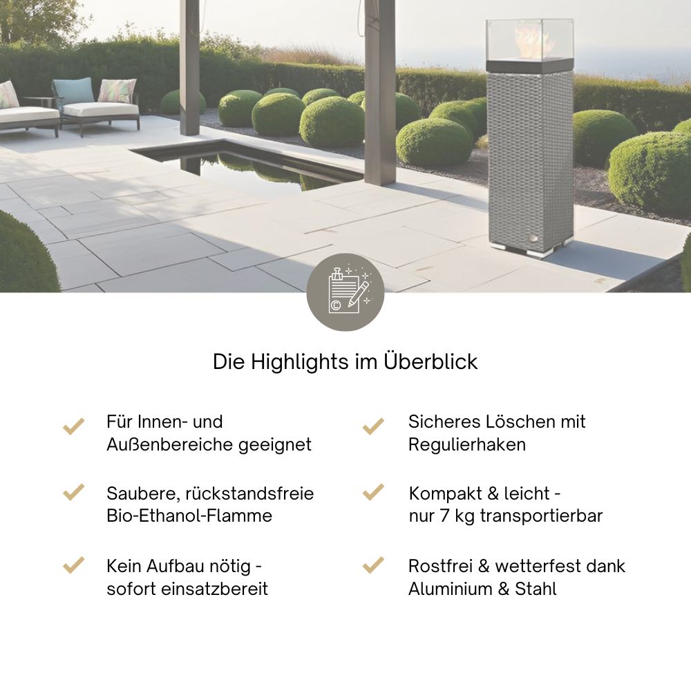 Produktvorteile wie Bio-Ethanol-Flamme, wetterfest, leicht, direkt einsetzbar erklärt. Grau.