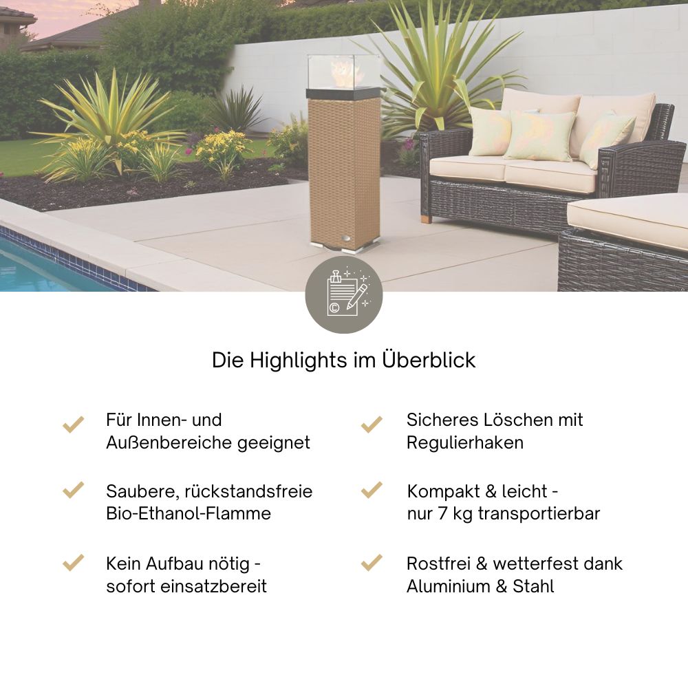 Übersicht mit Vorteilen: Bio-Ethanol-Flamme, wetterfest, leicht, für innen und außen. Natur.
