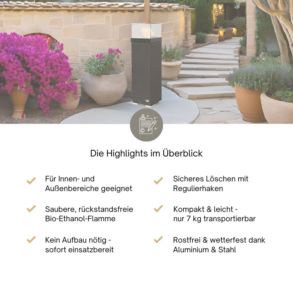 Übersicht mit Vorteilen: für innen/außen, Bio-Ethanol-Flamme, wetterfest, leicht, kein Aufbau. Schwarz.
