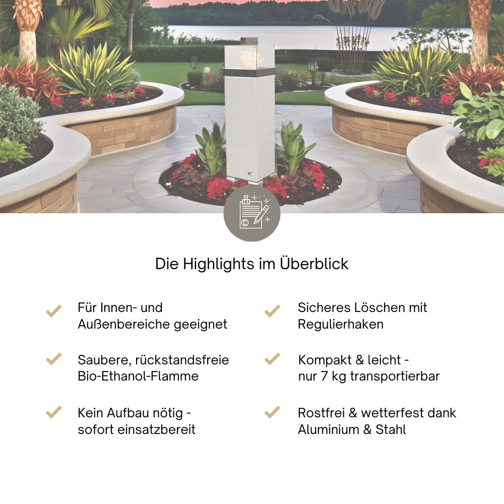 Übersicht mit Vorteilen: sofort nutzbar, wetterfest, sauber brennende Bio-Ethanol-Flamme. Weiß