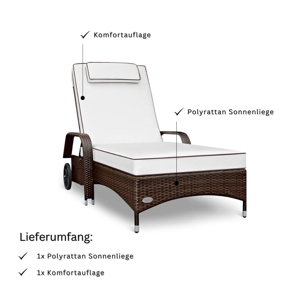 Braune Polyrattan Sonnenliege mit Komfortauflage, Lieferumfang mit Gartenliege und Polsterauflage