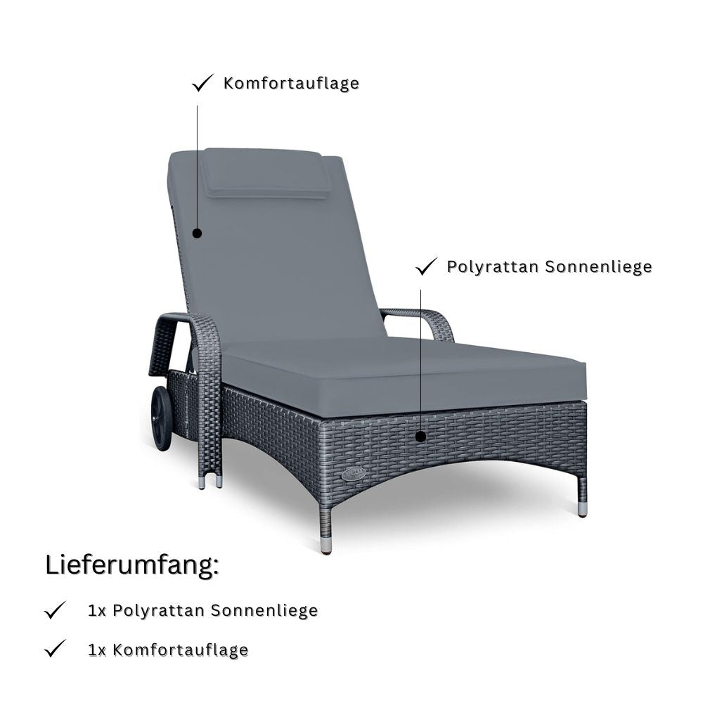 Graue Polyrattan Sonnenliege mit Komfortauflage und Rollen, inklusive Gartenliege und Polster im Lieferumfang