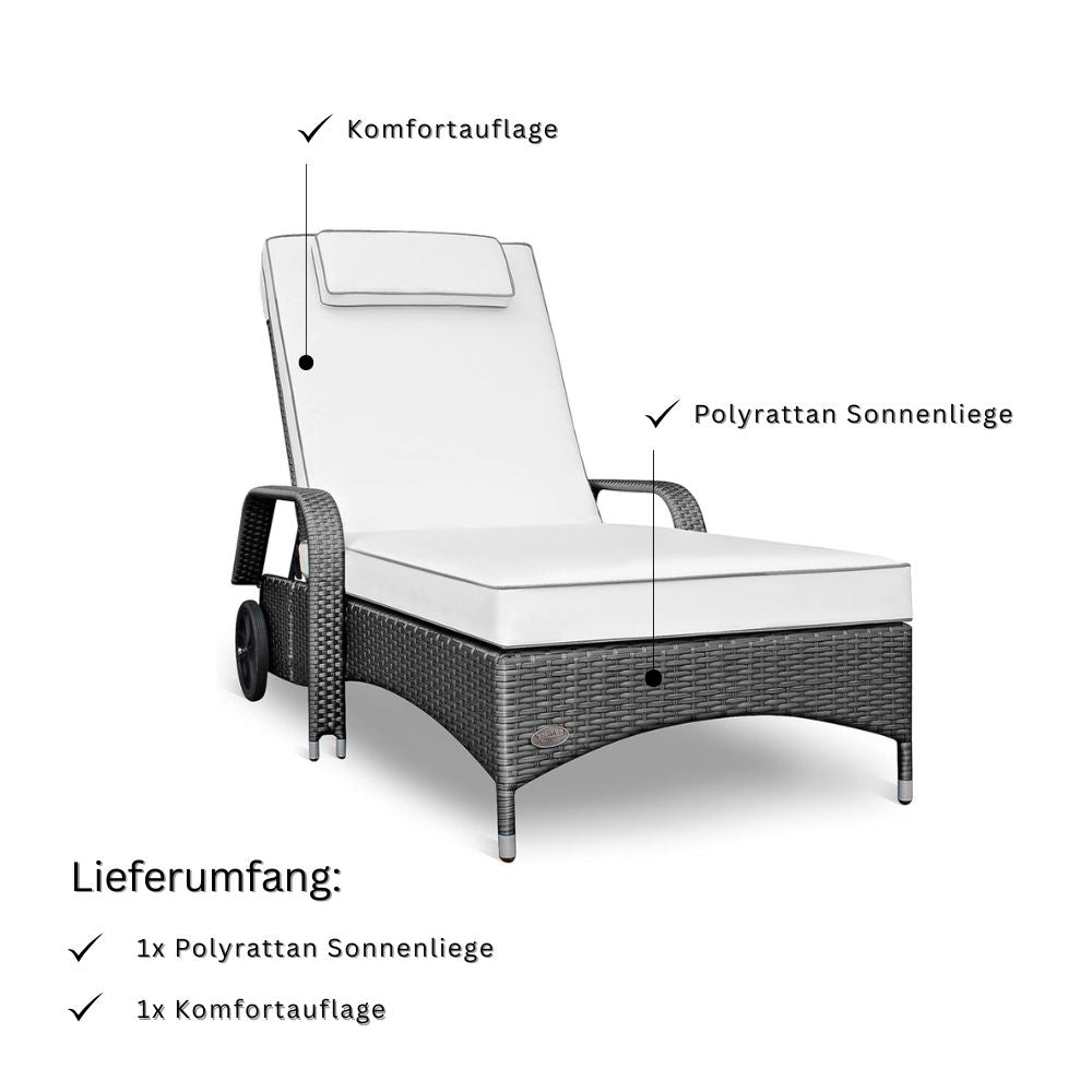 Graue Polyrattan Sonnenliege mit heller Komfortauflage und Rollen, Lieferumfang mit Gartenliege und Polster