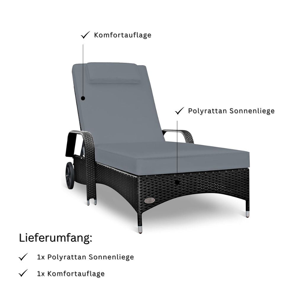 Schwarze Polyrattan Sonnenliege mit grauer Komfortauflage und Rollen, inklusive Gartenliege und Polster im Lieferumfang