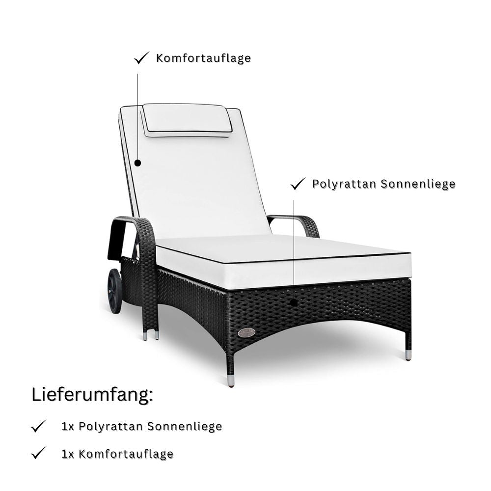 Schwarze Polyrattan Sonnenliege mit heller Komfortauflage und Rollen, Lieferumfang mit Gartenliege und Polster