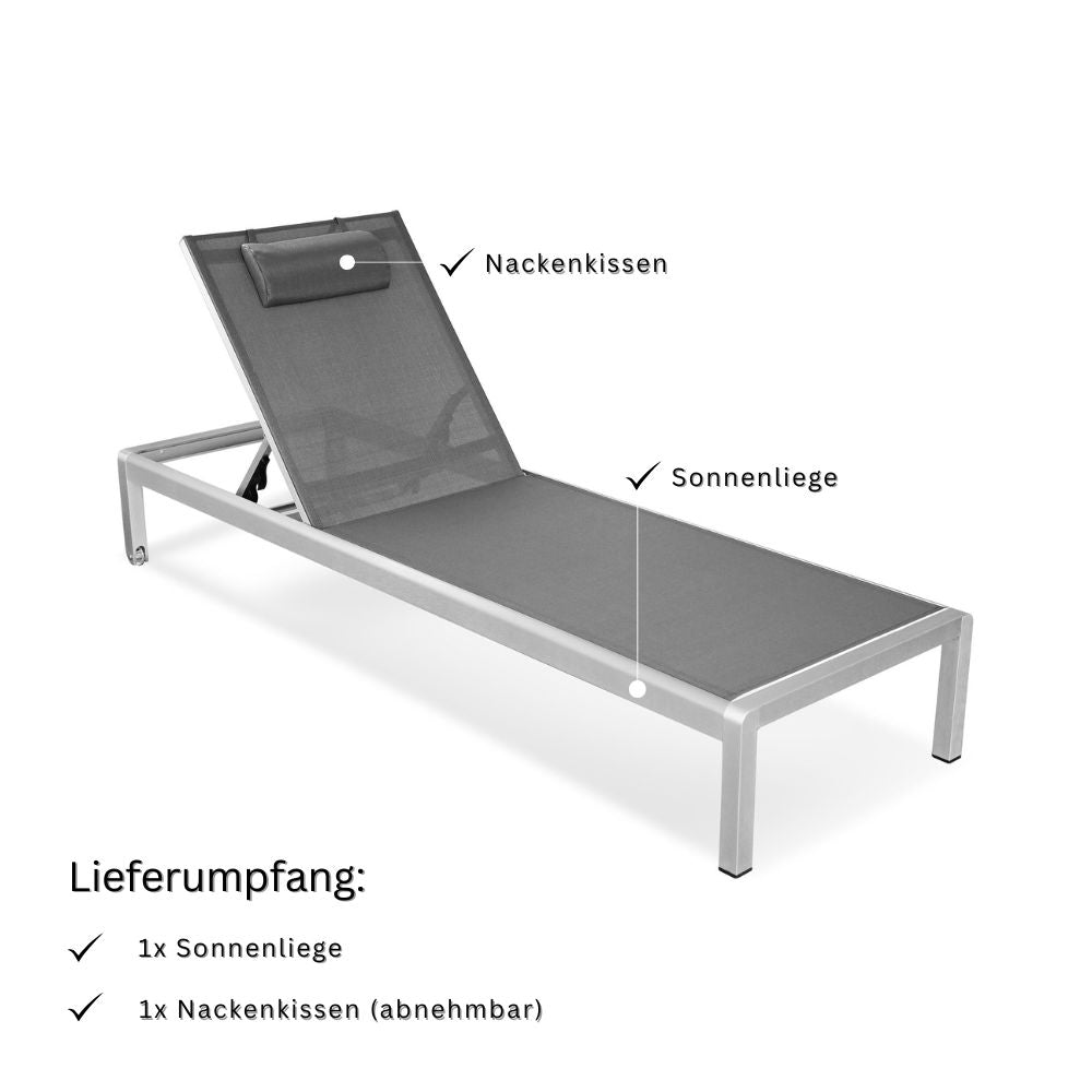 Aluminium Sonnenliege mit Textilbespannung und Nackenkissen; Lieferumfang umfasst Liege und abnehmbares Kissen