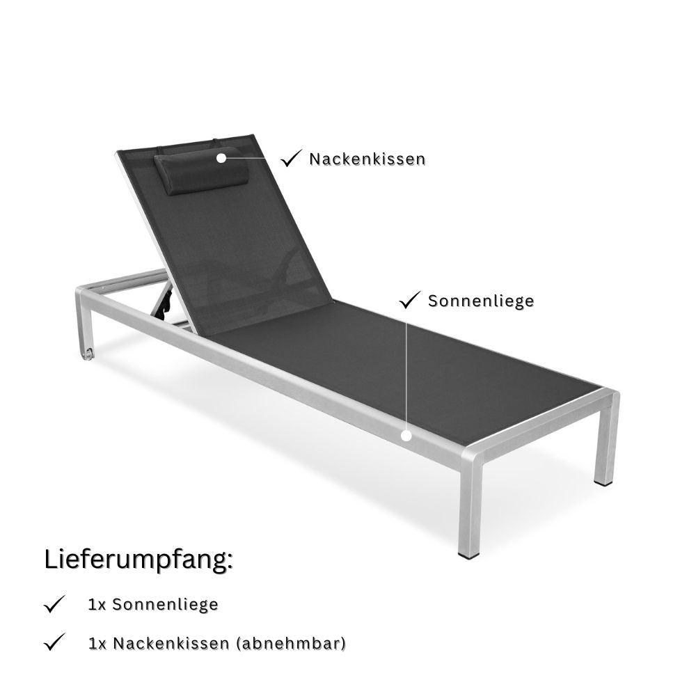 Schwarze Aluminium Sonnenliege mit Textilbespannung und abnehmbarem Nackenkissen; Lieferumfang umfasst Liege und Kissen