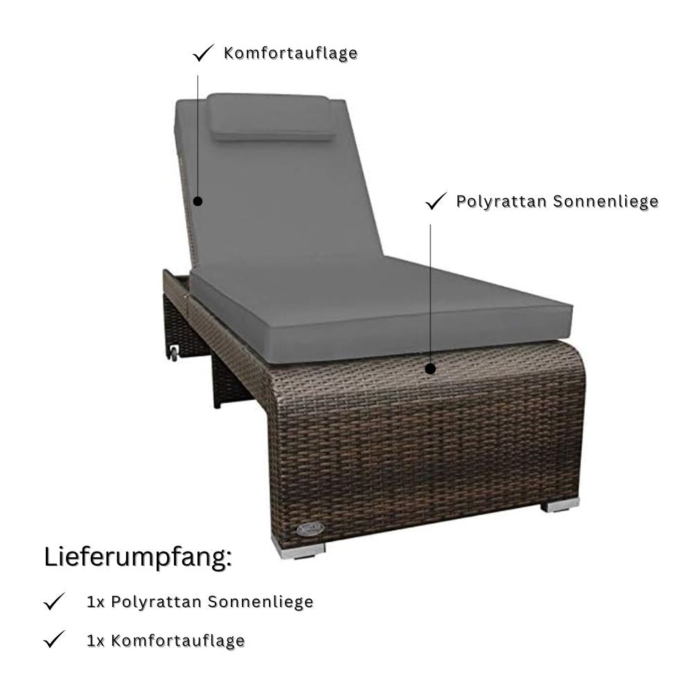 Polyrattan Sonnenliege mit grauer Komfortauflage und Kopfkissen; Lieferumfang umfasst Liege und Polsterauflage
