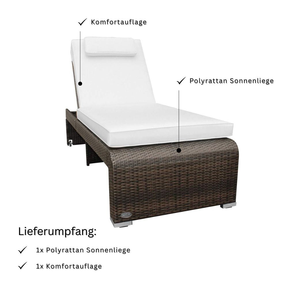 Braune Polyrattan Sonnenliege mit heller Komfortauflage und Kopfkissen; Lieferumfang enthält Liege und Auflage