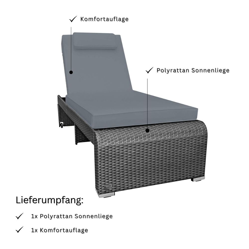 Graue Polyrattan Sonnenliege mit Komfortauflage und Kopfkissen; Lieferumfang enthält Liege und Polsterauflage