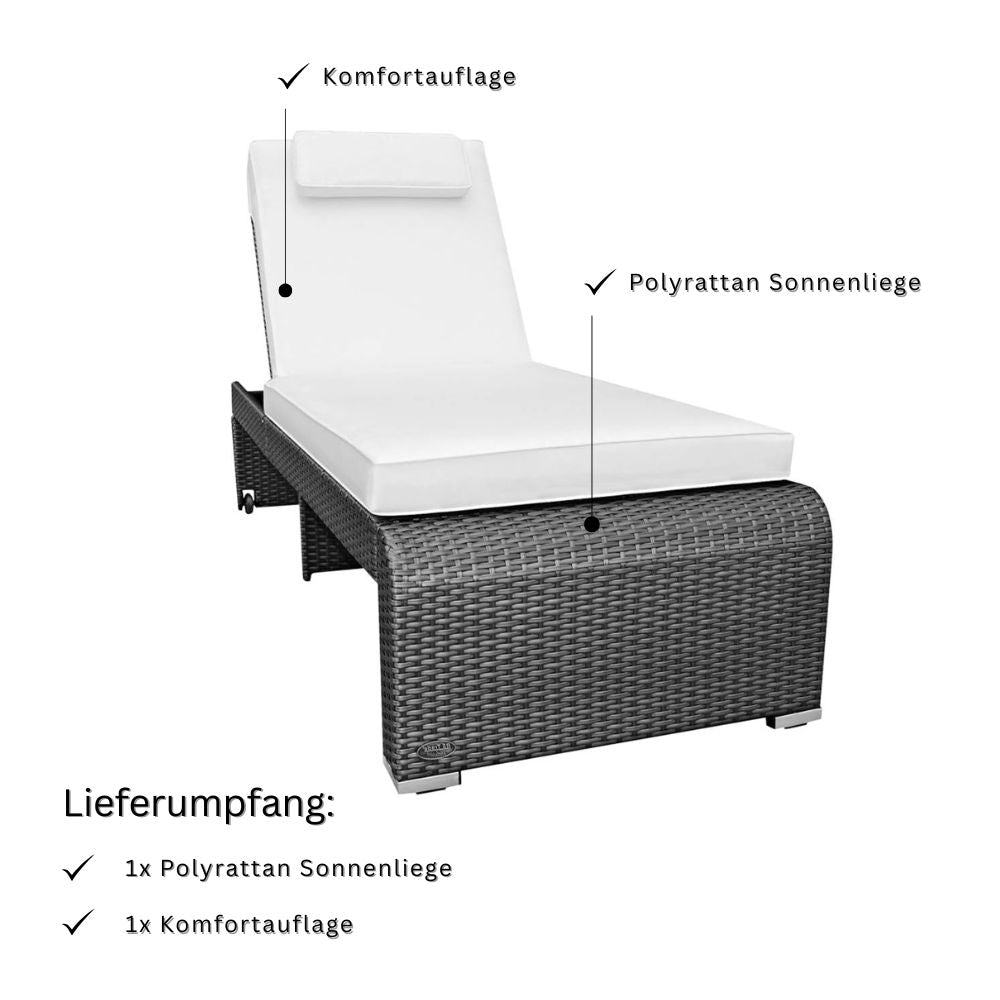 Graue Polyrattan Sonnenliege mit heller Komfortauflage und Kopfkissen; Lieferumfang umfasst Liege und Auflage