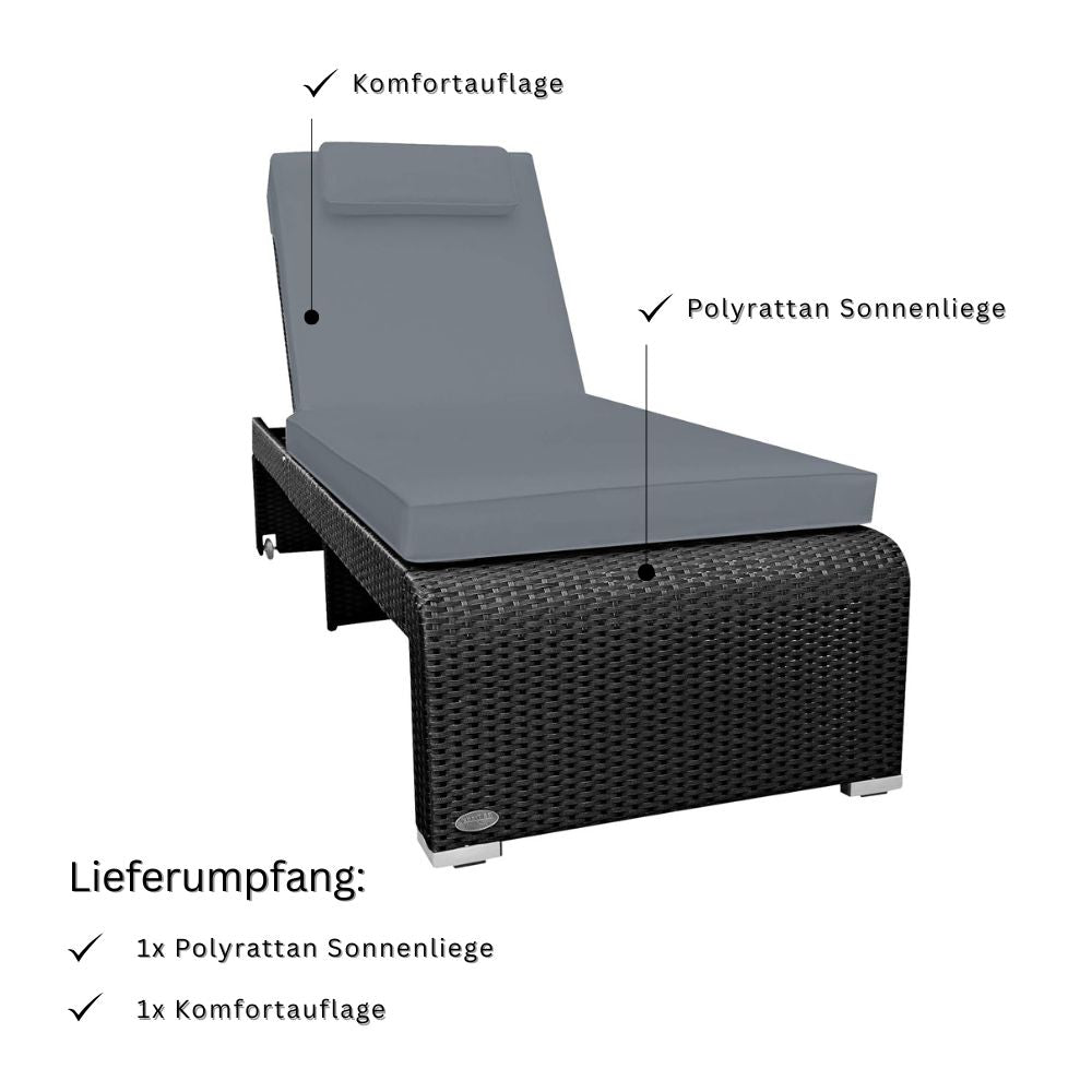 Schwarze Polyrattan Sonnenliege mit grauer Komfortauflage und Kopfkissen; Lieferumfang umfasst Liege und Polster