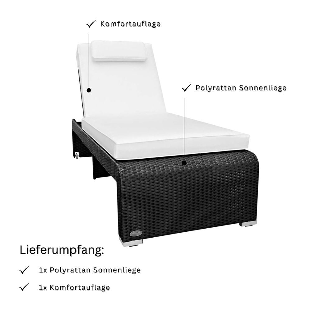 Schwarze Polyrattan Sonnenliege mit heller Komfortauflage und Kopfkissen; Lieferumfang umfasst Liege und Auflage