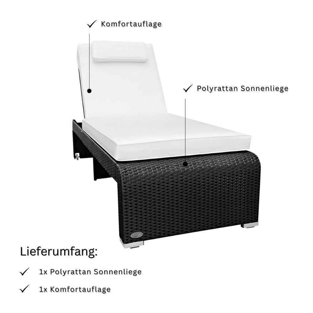 Schwarze Polyrattan Sonnenliege mit heller Komfortauflage und Kopfkissen; Lieferumfang umfasst Liege und Auflage