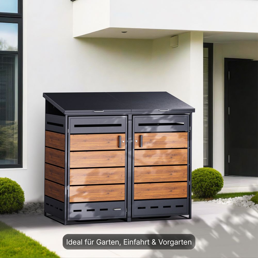 2er Mülltonnenbox aus Metall in Holzoptik vor einem Wohnhaus, geeignet für Garten, Einfahrt und Vorgarten.