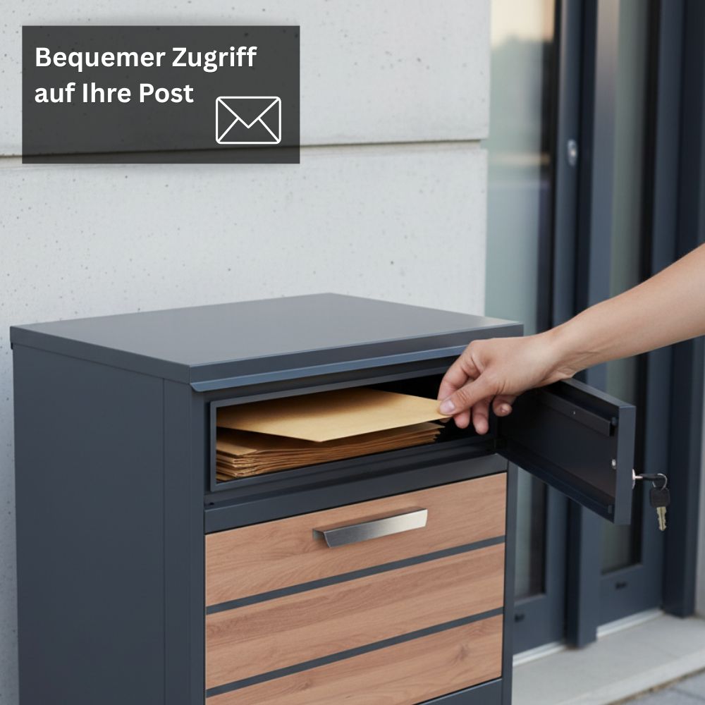 Person entnimmt Briefe aus dem oberen Brieffach eines Briefkastens mit Paketfach in Anthrazit und Holzoptik. Der freistehende Paketbriefkasten aus Stahl bietet einen sicheren Empfang und eine komfortable Entnahme von Postsendungen.