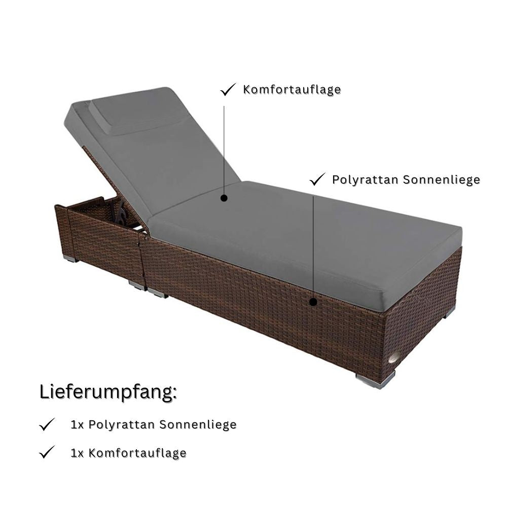 Polyrattan Sonnenliege in Braun mit grauer Komfortauflage und verstellbarer Rückenlehne, inklusive Auflage im Lieferumfang, wetterfeste Gartenliege für Terrasse und Balkon