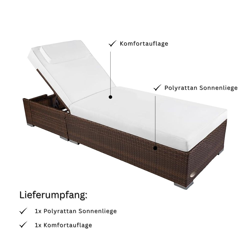 Polyrattan Sonnenliege Palermo in Braun mit Komfortauflage, Lieferumfang enthält 1 Gartenliege und 1 Auflage für Terrasse und Balkon