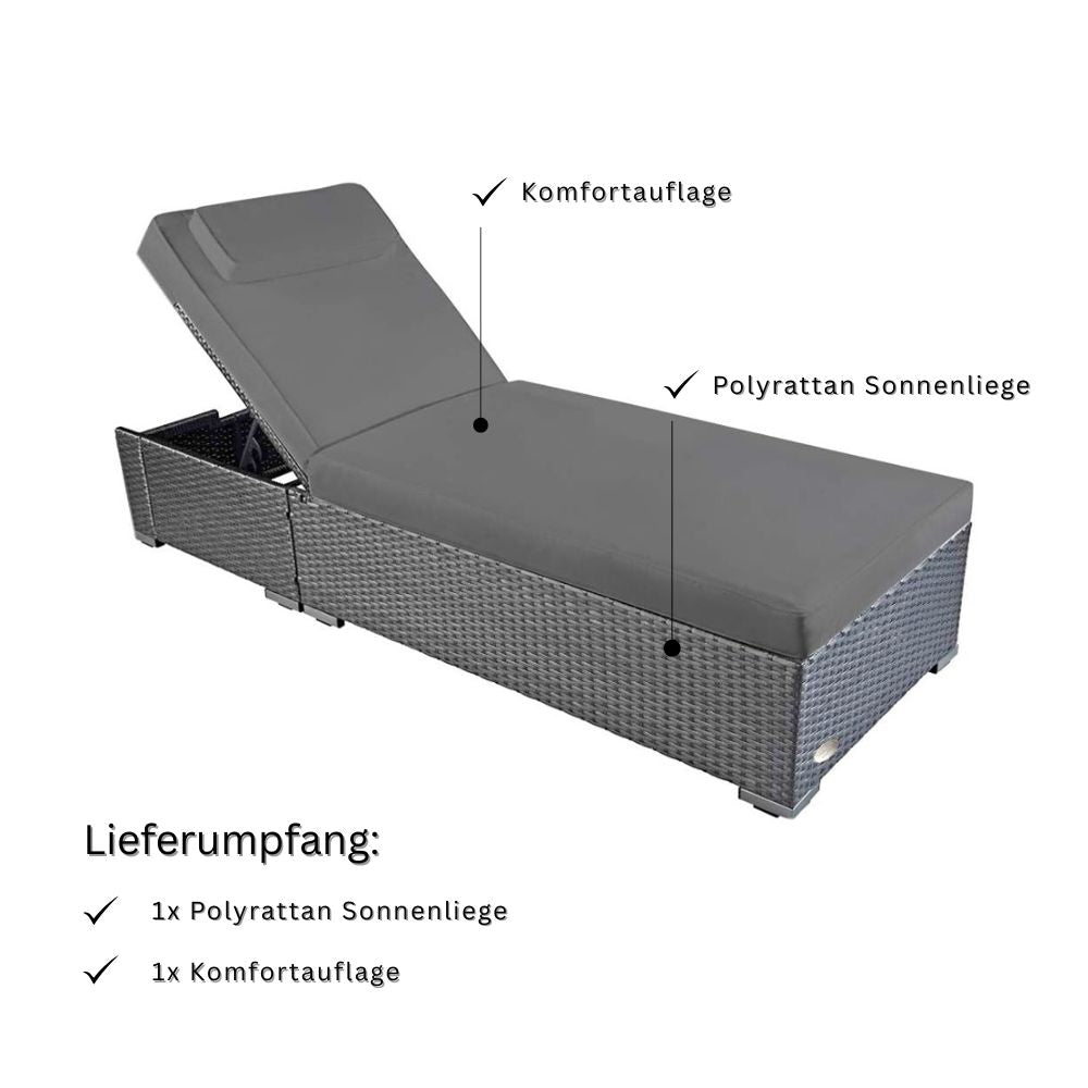 Polyrattan Sonnenliege in Grau mit verstellbarer Rückenlehne und dicker Komfortauflage, moderne Gartenliege für Terrasse und Balkon, inklusive 1x Liege und 1x Auflage im Lieferumfang