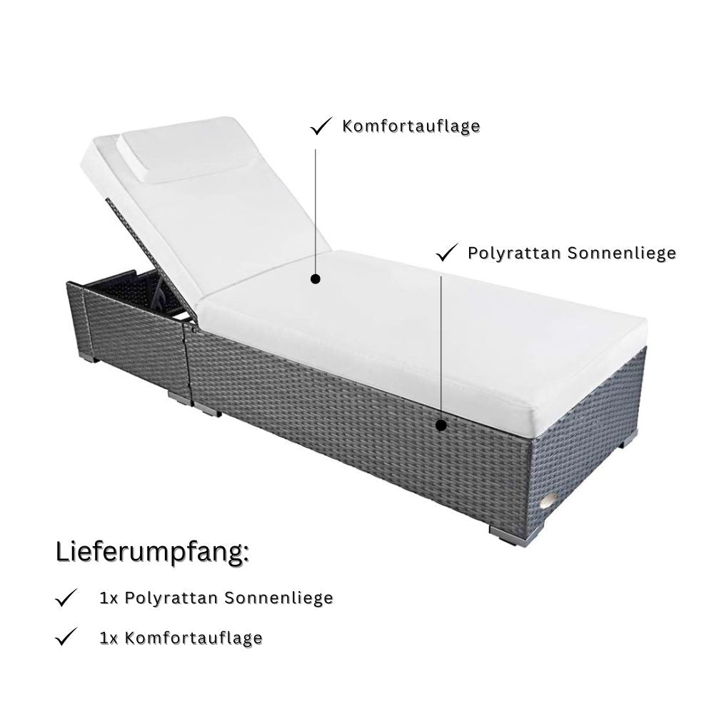 Polyrattan Sonnenliege in Grau mit heller Komfortauflage und verstellbarer Rückenlehne, inklusive Auflage im Lieferumfang, wetterfeste Gartenliege für Terrasse und Balkon