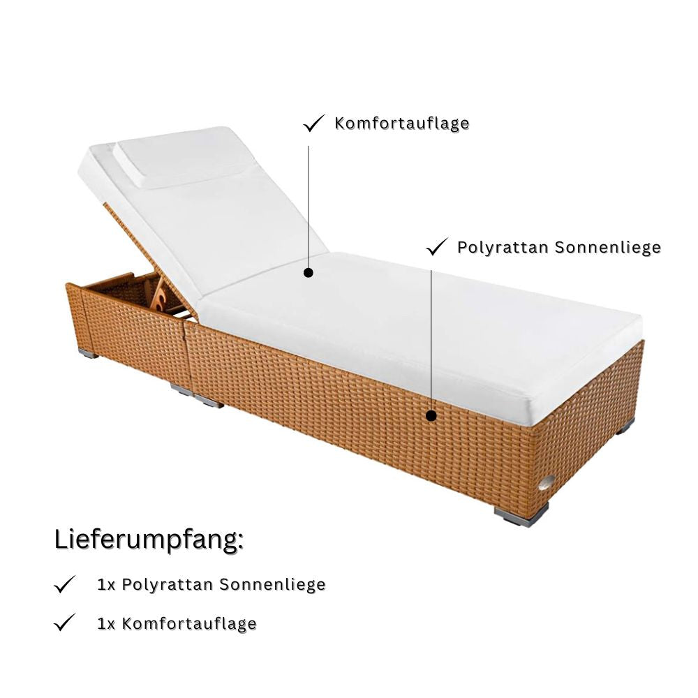 Polyrattan Sonnenliege in Natur mit Komfortauflage und verstellbarer Rückenlehne, Lieferumfang mit 1 Liege und 1 Auflage, wetterfeste Gartenliege für Terrasse und Balkon