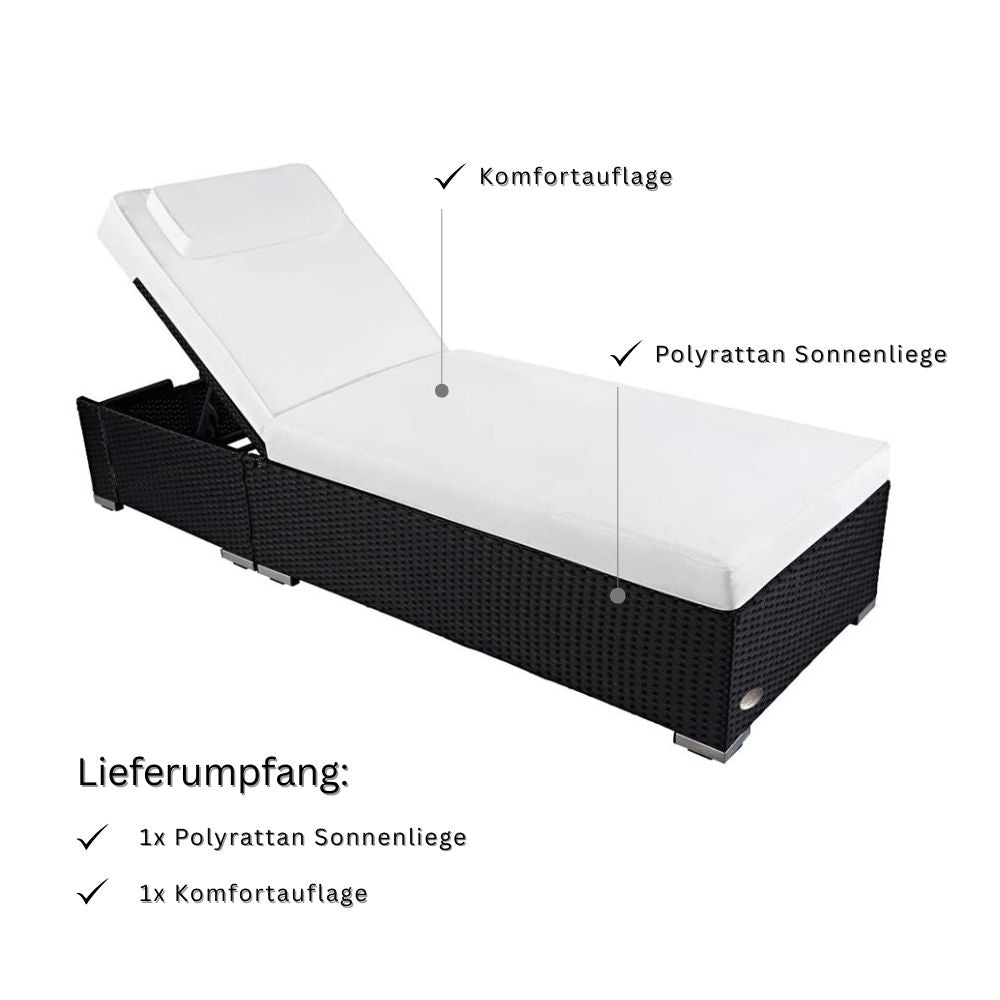 Polyrattan Sonnenliege Palermo in Schwarz mit Komfortauflage, Lieferumfang enthält 1 Gartenliege und 1 Auflage für Terrasse und Balkon
