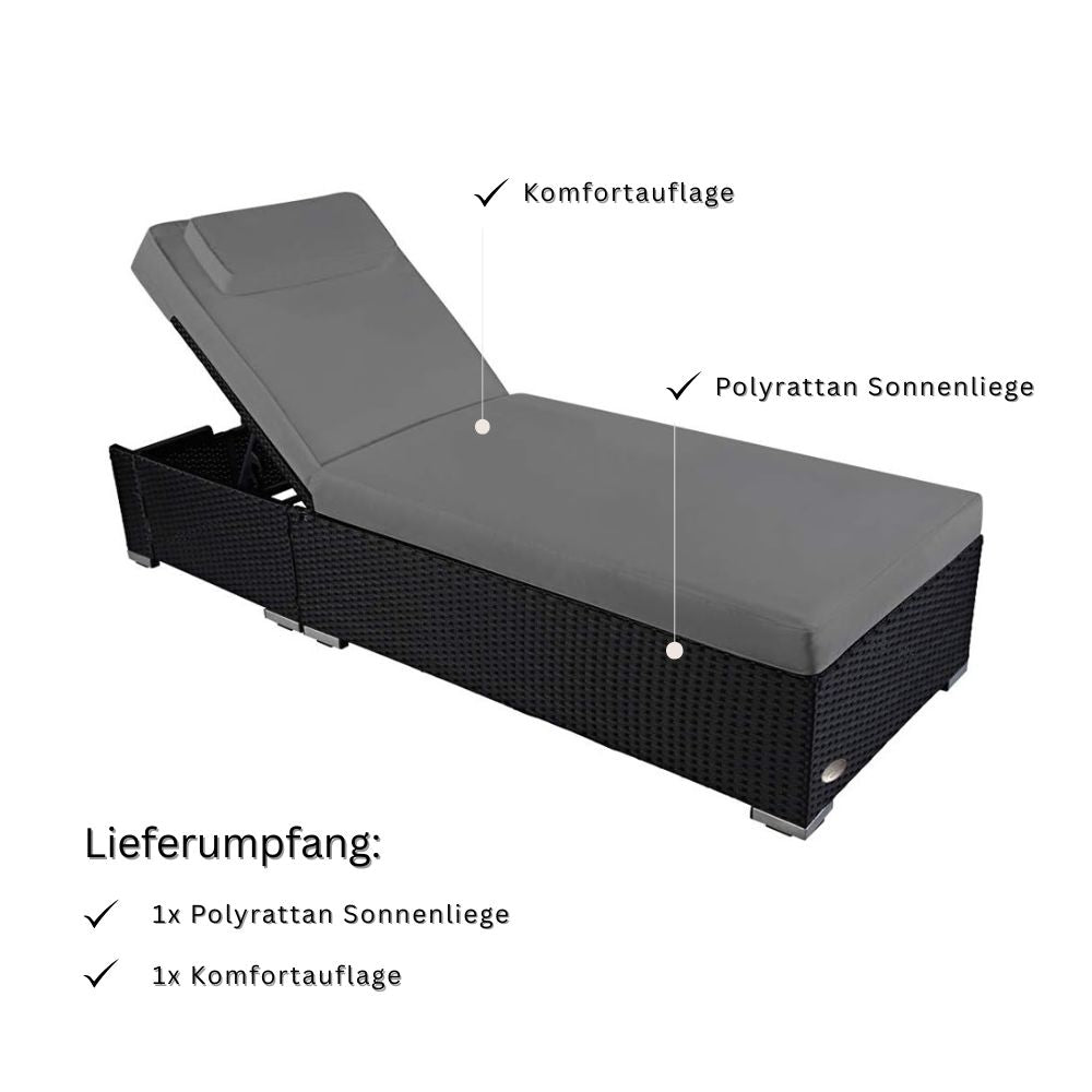 Polyrattan Sonnenliege in Schwarz mit grauer Komfortauflage und verstellbarer Rückenlehne, inklusive Auflage im Lieferumfang, wetterfeste Gartenliege für Terrasse und Balkon