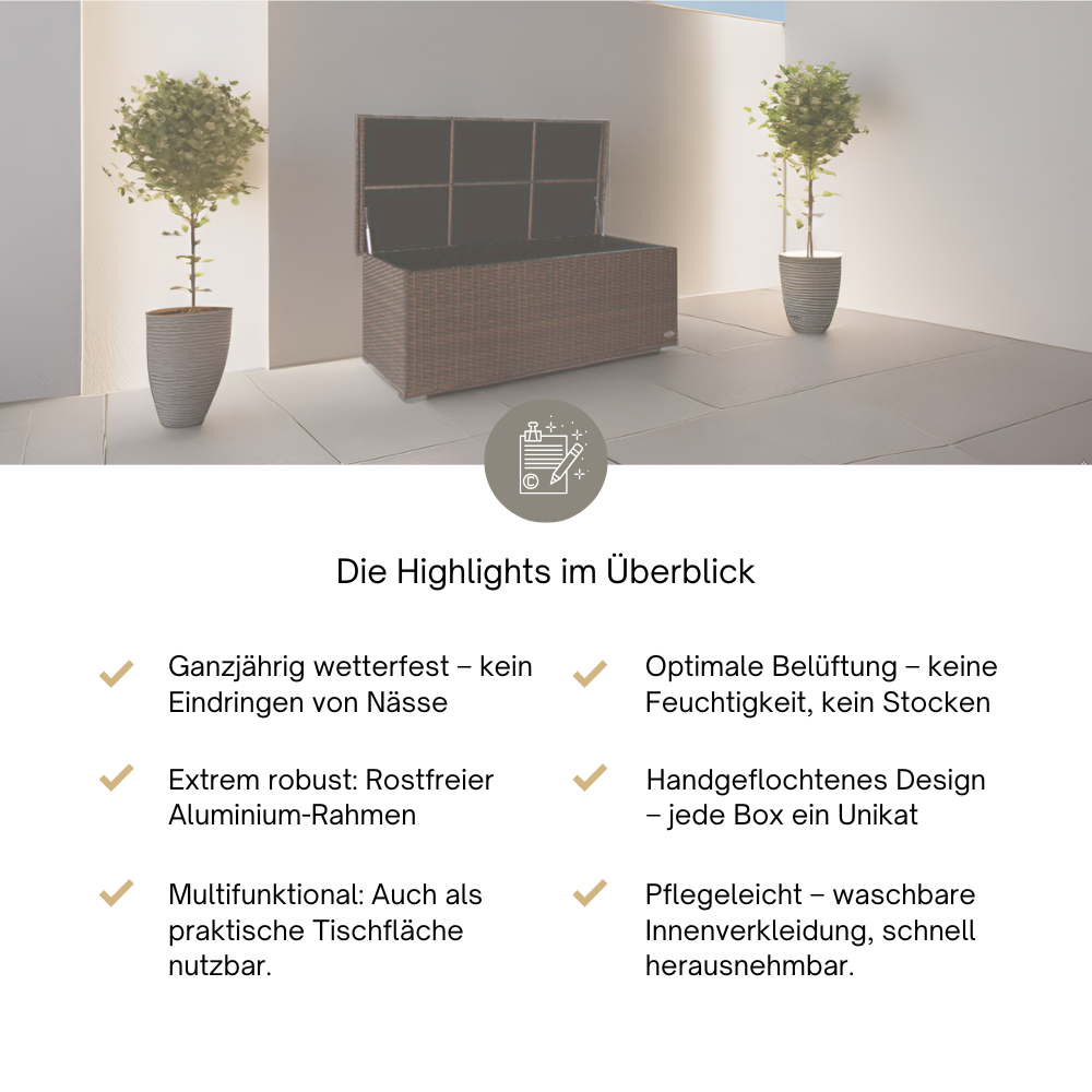 Geöffnete braune Rattan-Aufbewahrungsbox auf einer Terrasse. Darunter sechs Produkt-Highlights wie Wetterfestigkeit, Aluminium-Rahmen und pflegeleichte Innenverkleidung.