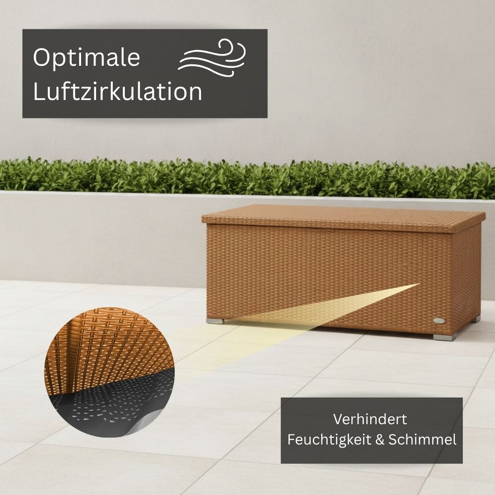 Naturfarbene Polyrattan-Gartenbox mit belüftetem Innenbereich zur Luftzirkulation und trockenen Aufbewahrung von Gartenauflagen und Outdoor-Kissen.