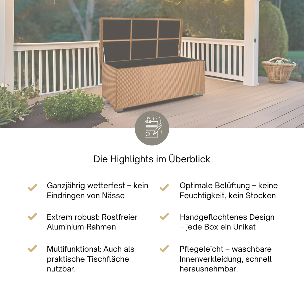 Geöffnete beige Rattan-Aufbewahrungsbox auf einer Terrasse. Darunter sechs Produkt-Highlights wie Wetterfestigkeit, Aluminium-Rahmen und pflegeleichte Innenverkleidung.