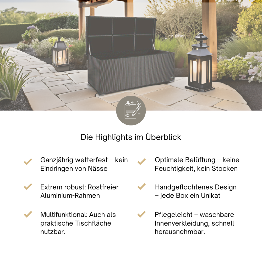 Geöffnete schwarze Rattan-Aufbewahrungsbox auf einer Terrasse. Darunter sechs Produkt-Highlights wie Wetterfestigkeit, Aluminium-Rahmen und pflegeleichte Innenverkleidung.