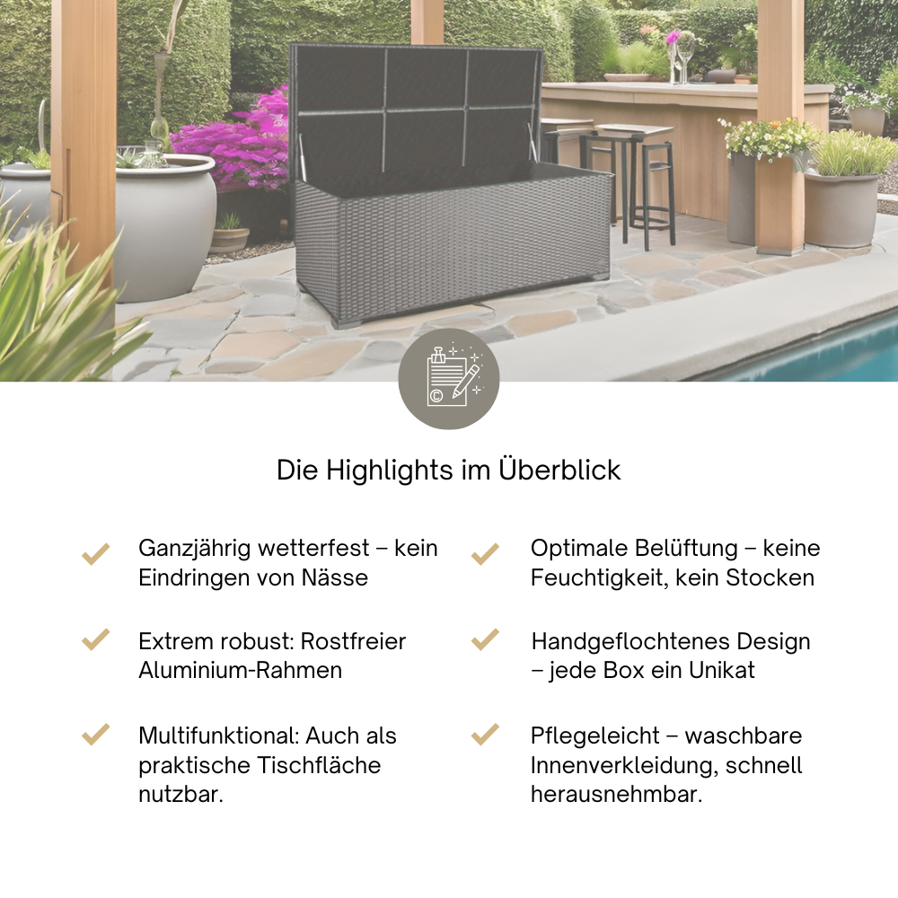 Geöffnete silber/graue Rattan-Aufbewahrungsbox auf einer Terrasse. Darunter sechs Produkt-Highlights wie Wetterfestigkeit, Aluminium-Rahmen und pflegeleichte Innenverkleidung.