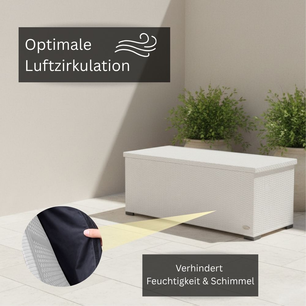 Abnehmbarer und waschbarer Innenbezug der weißen Polyrattan-Auflagenbox mit Reißverschluss zum Schutz von Gartenauflagen und Sitzkissen.