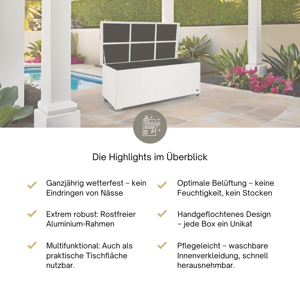 Geöffnete weiße Rattan-Aufbewahrungsbox auf einer Terrasse. Darunter sechs Produkt-Highlights wie Wetterfestigkeit, Aluminium-Rahmen und pflegeleichte Innenverkleidung.